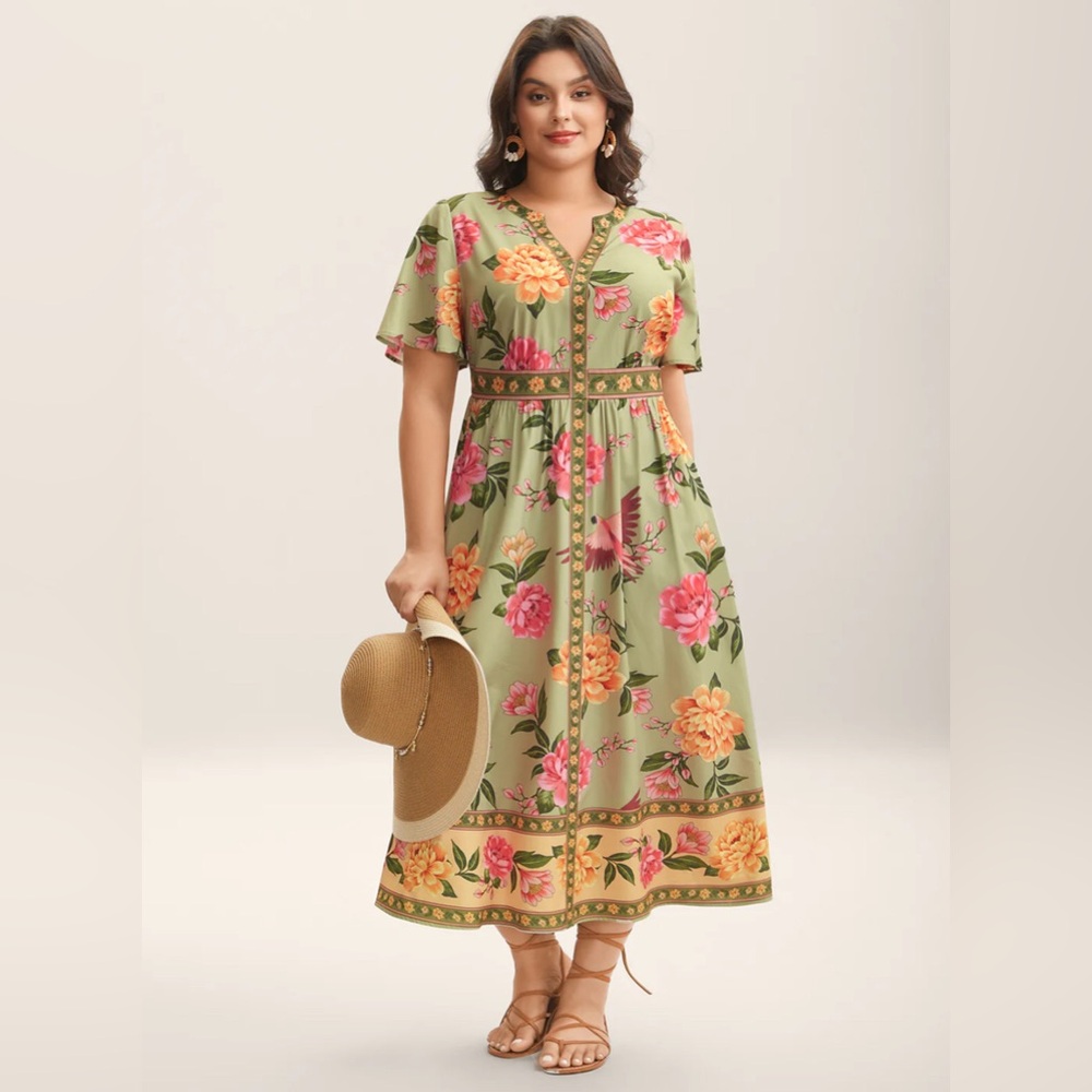 Floral Green and Yellow Maxi Dress with Pockets NWT